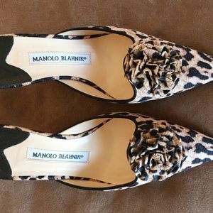 MANOLO BLAHNIK LEOPARD PRINT KITTEN HEEL MULE